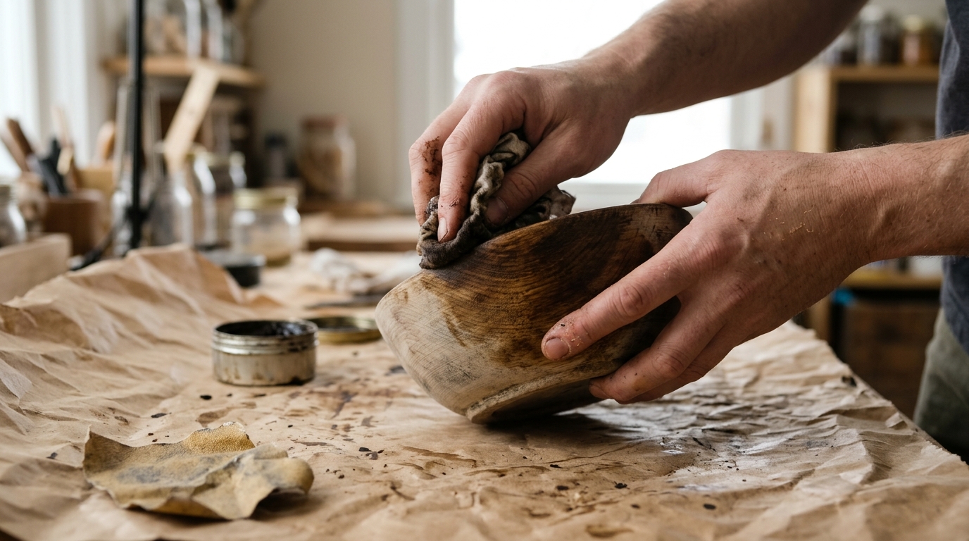 Hands rubbing dark wax into a thrifted wooden bowl on brown paper to give it an aged look