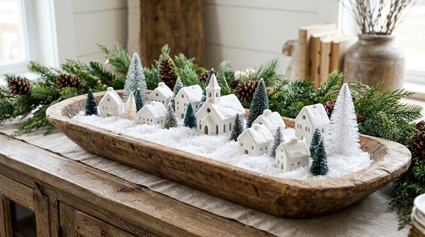 White ceramic Christmas village houses and frosted trees on faux snow in a long wooden dough bowl