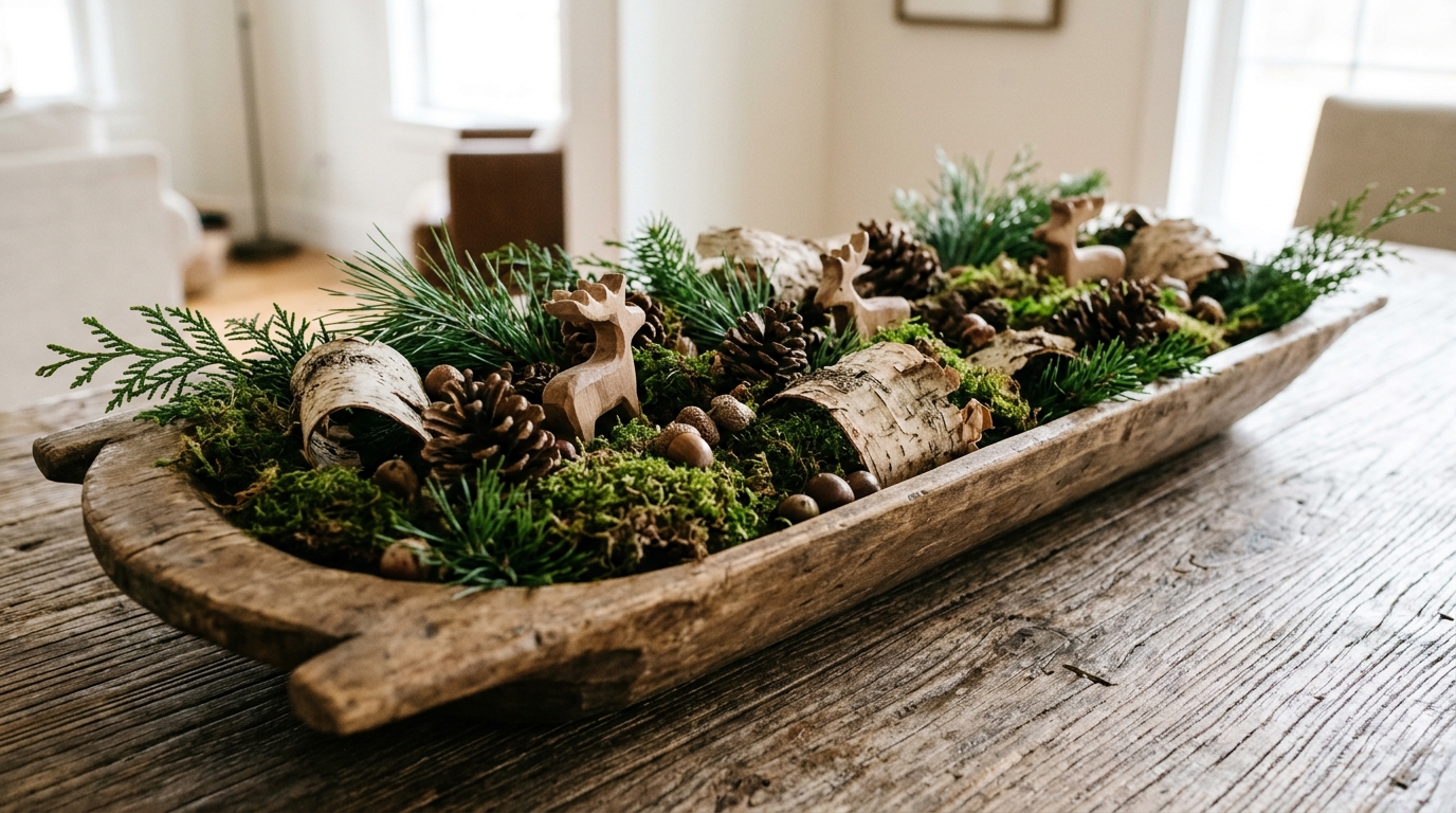 Moss, acorns, pine cones, birch bark and small wooden reindeer in a long wooden bowl on a farmhouse table