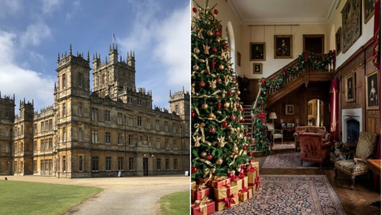 Downton Abbey Christmas: Highclere Castle next to a red and gold country house tree