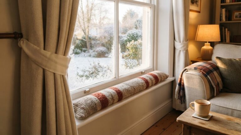 Drafty Windows fix with a cream thermal lined curtain and a knitted draft roll on a frosty sill
