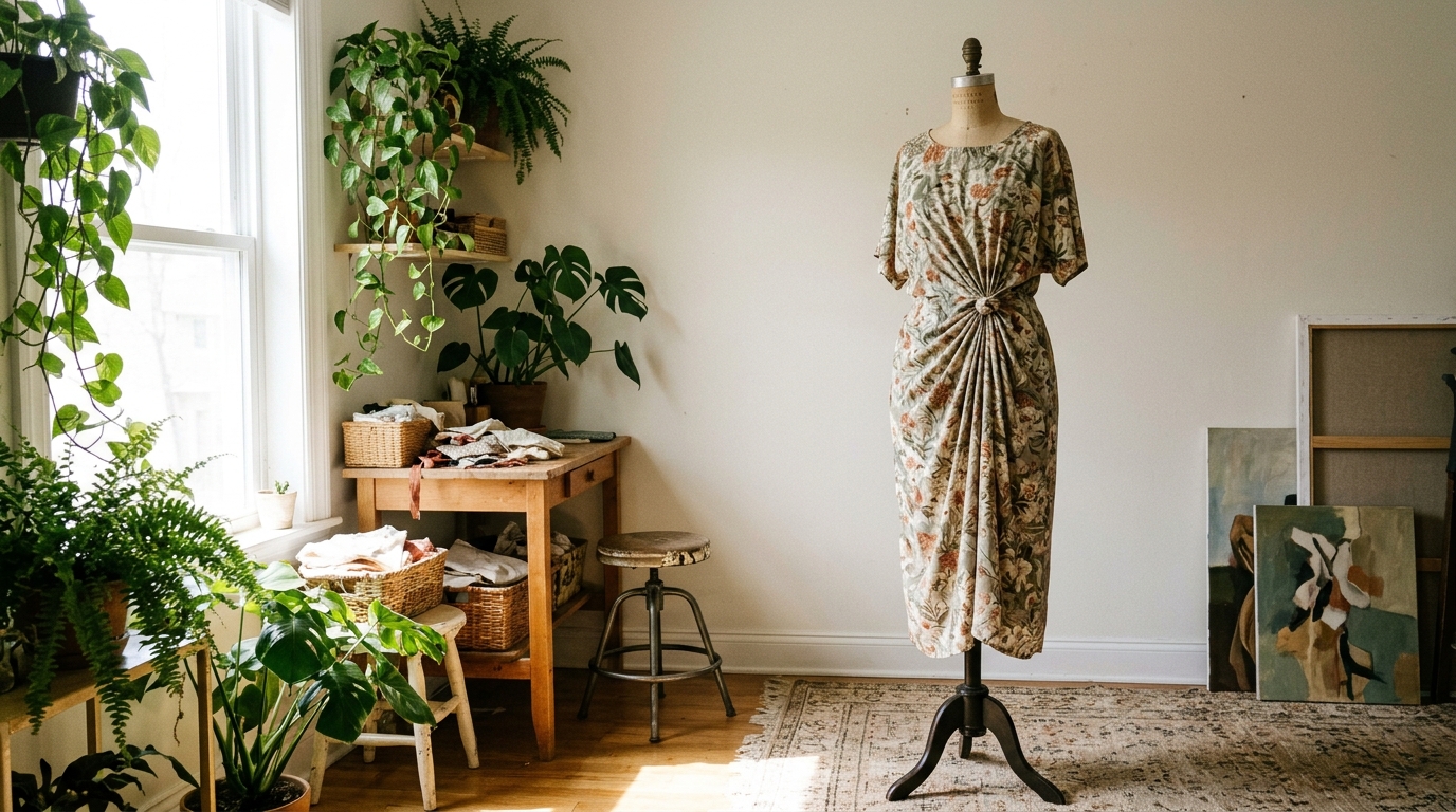 Floral dress on a dress form cinched at the waist with a hidden hair tie knot