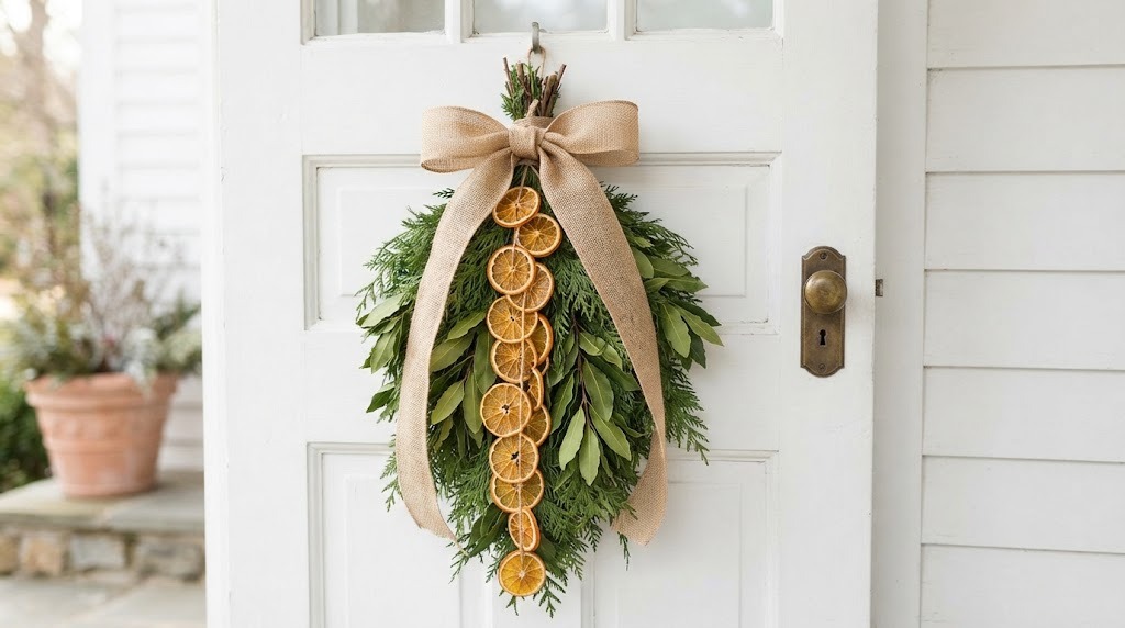 Cedar and bay leaf door swag with a cascade of orange rounds and a burlap bow