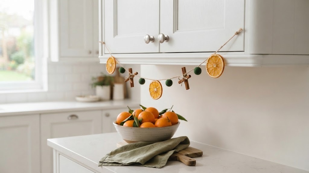 Short dried orange slices garland draped between white kitchen cabinet knobs