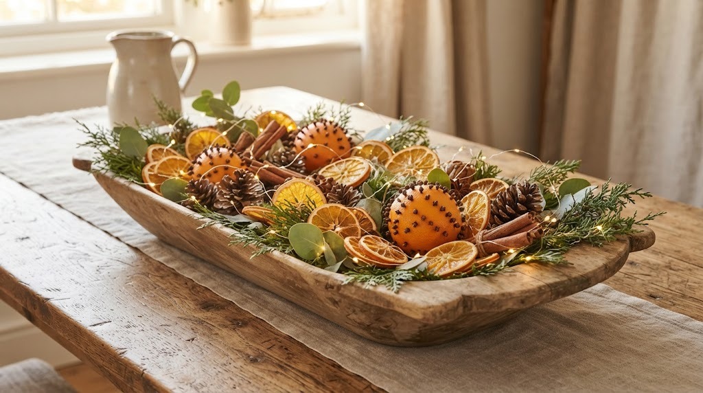 Wooden dough bowl filled with dried orange slices, pine cones and greenery