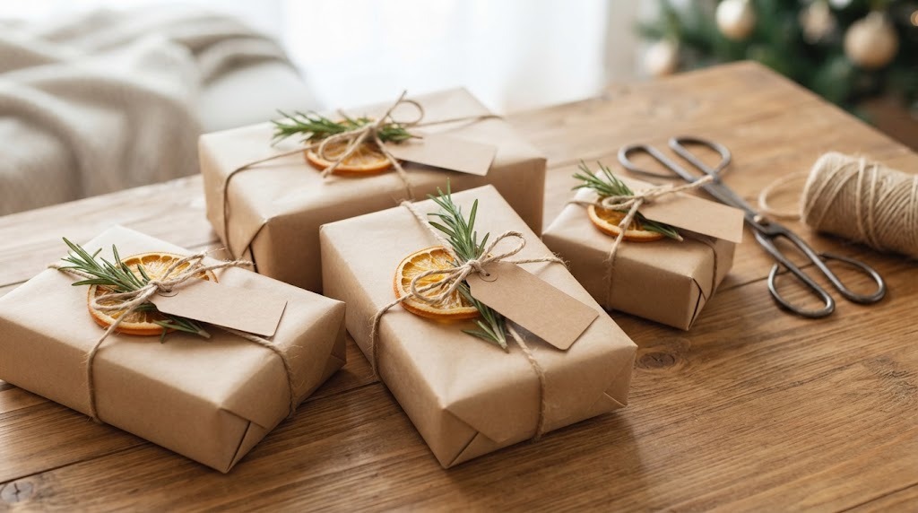 Kraft paper gifts topped with orange rounds, rosemary sprigs and blank tags
