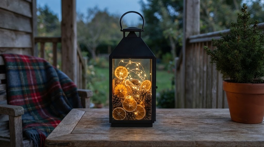 Black lantern filled with dried orange slices, pine cones and warm battery fairy lights