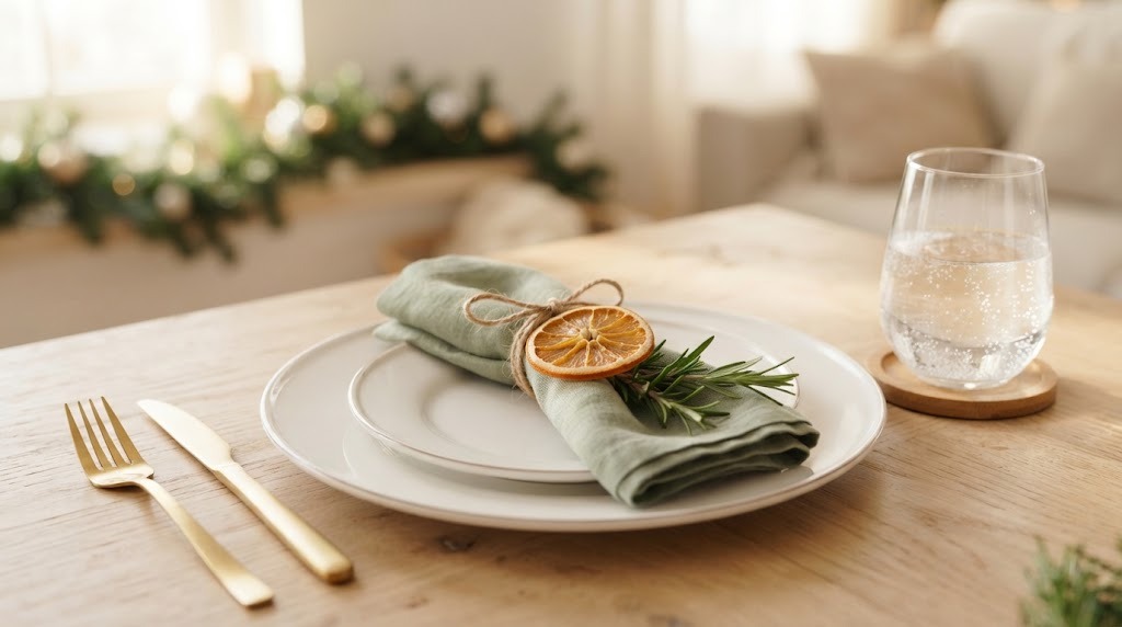 Sage napkin with a twine napkin ring holding a dried orange slice and rosemary
