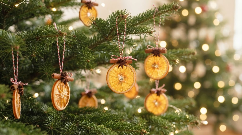 Orange ornaments with cinnamon and star anise hanging on a Christmas tree branch