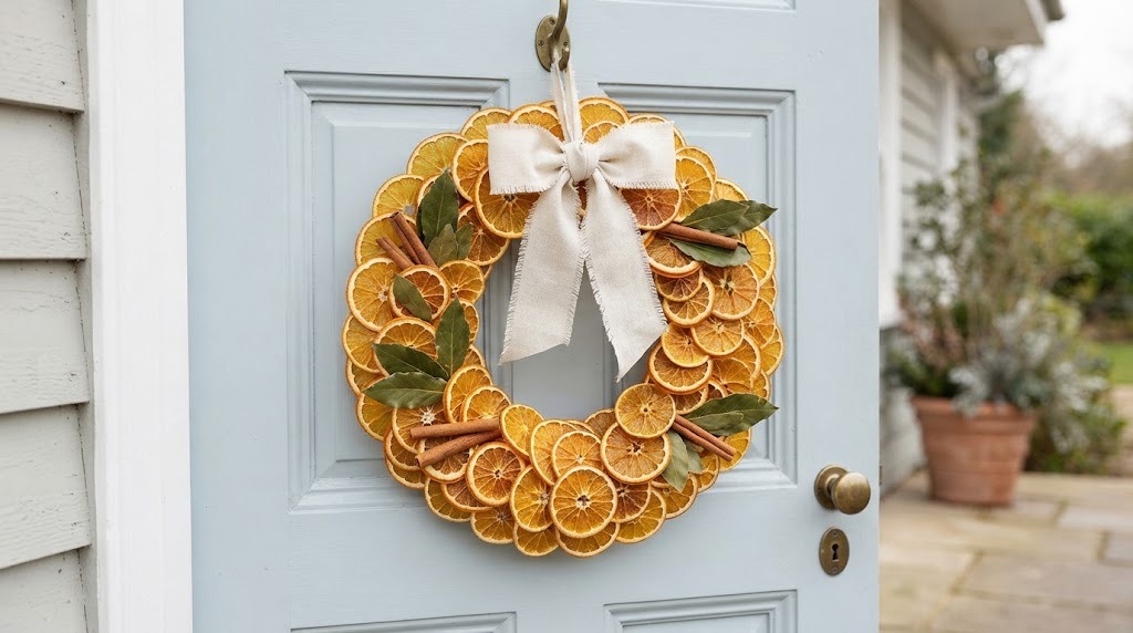 Round wreath made of overlapping dried orange slices with a cream ribbon on a blue door