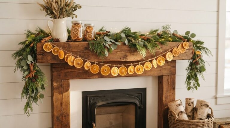 Dried orange slices garland with cinnamon sticks and greenery draped on a rustic wooden mantel