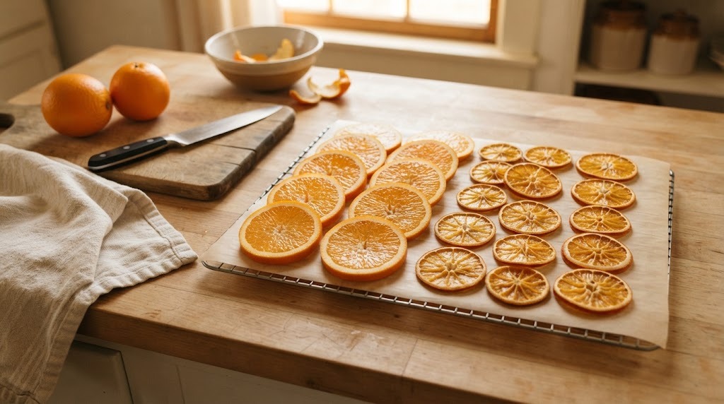 Fresh and finished orange rounds drying on a wire rack over parchment paper