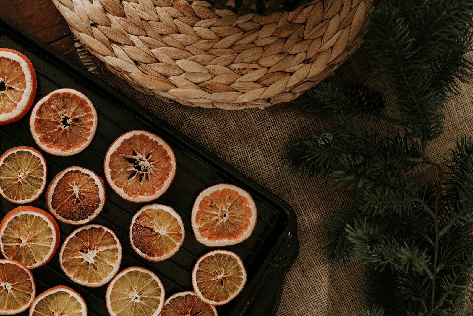 Tray of dried orange slices for a garland