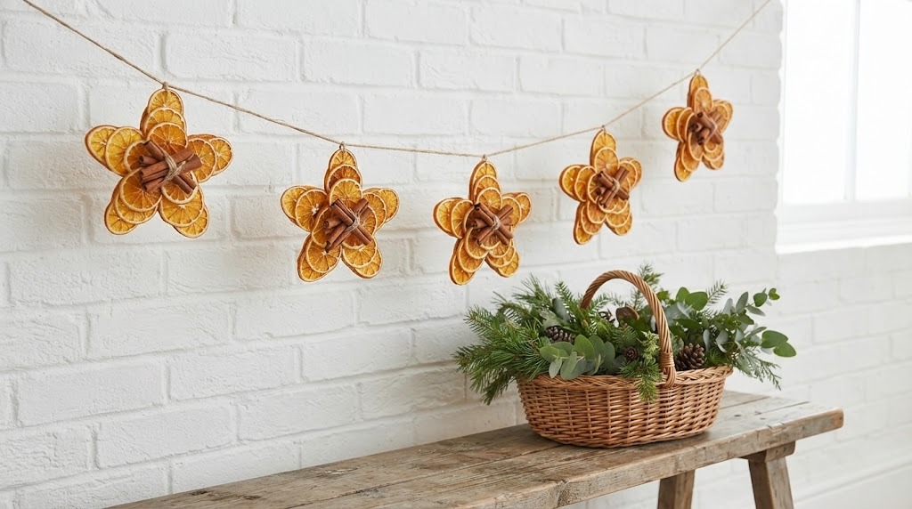 Garland of stars made from small orange pieces on a white brick wall