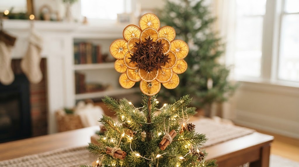 Starburst tree topper made of orange rounds on a small Christmas tree