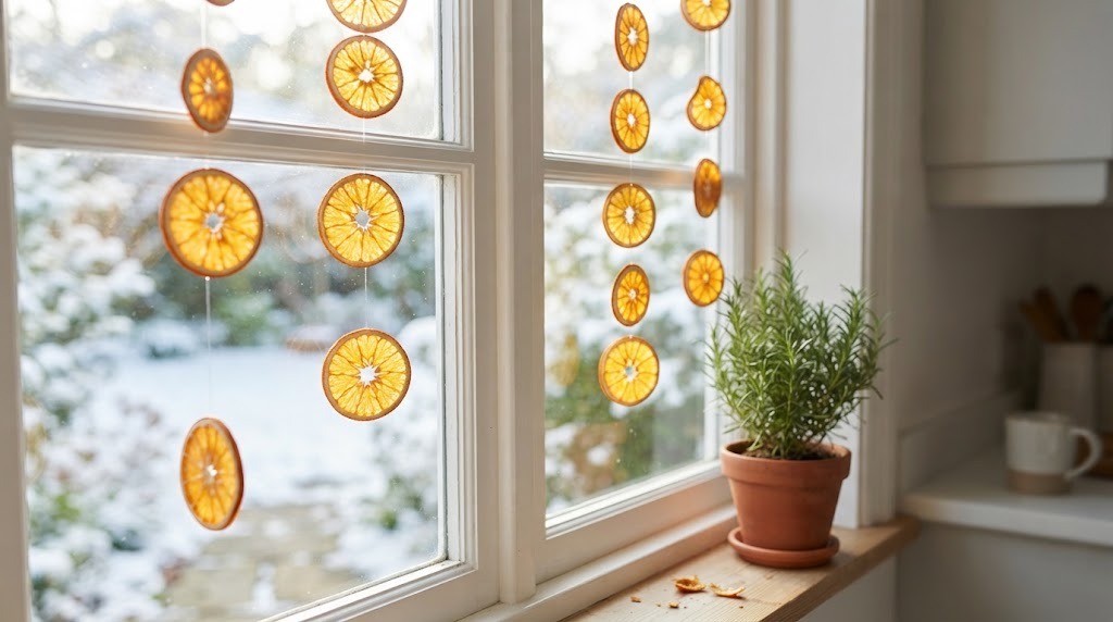 Thin citrus rounds hanging in a sunny kitchen window like suncatchers