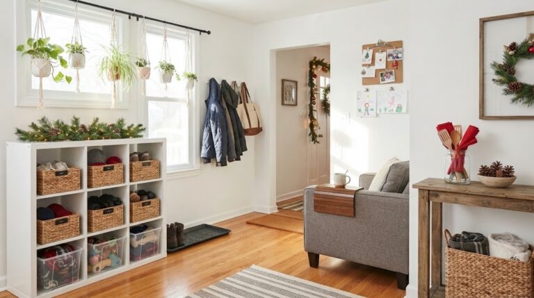 Dollar store home hacks: bright entry with baskets, clear bins, a sofa arm tray and plants on a tension rod