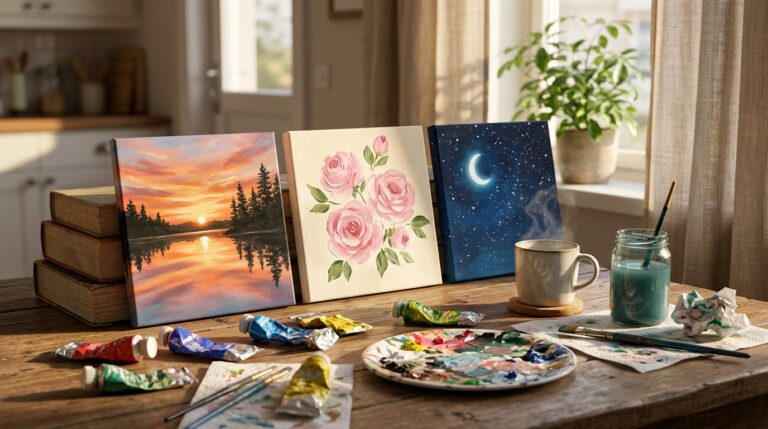 Easy canvas paintings: sunset lake, pink roses and starry sky canvases on a sunny kitchen table with paints and tea