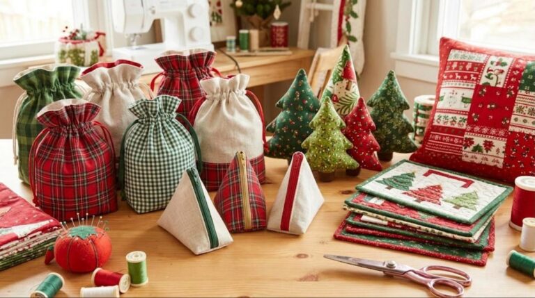 Easy Christmas sewing projects on a craft table, plaid drawstring gift bags, fabric trees, mug rugs and a patchwork pillow