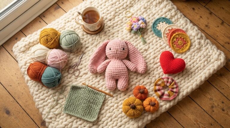 Easy crochet projects including a pink bunny, mini pumpkins, a heart and coasters on a knit blanket