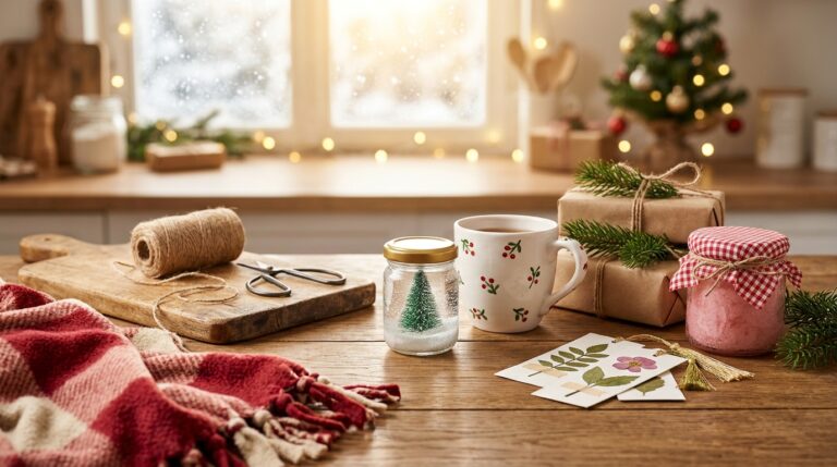 Easy DIY Christmas gifts: mini jar snow globe, painted mug, sugar scrub and kraft wrapped gifts on a sunny kitchen table