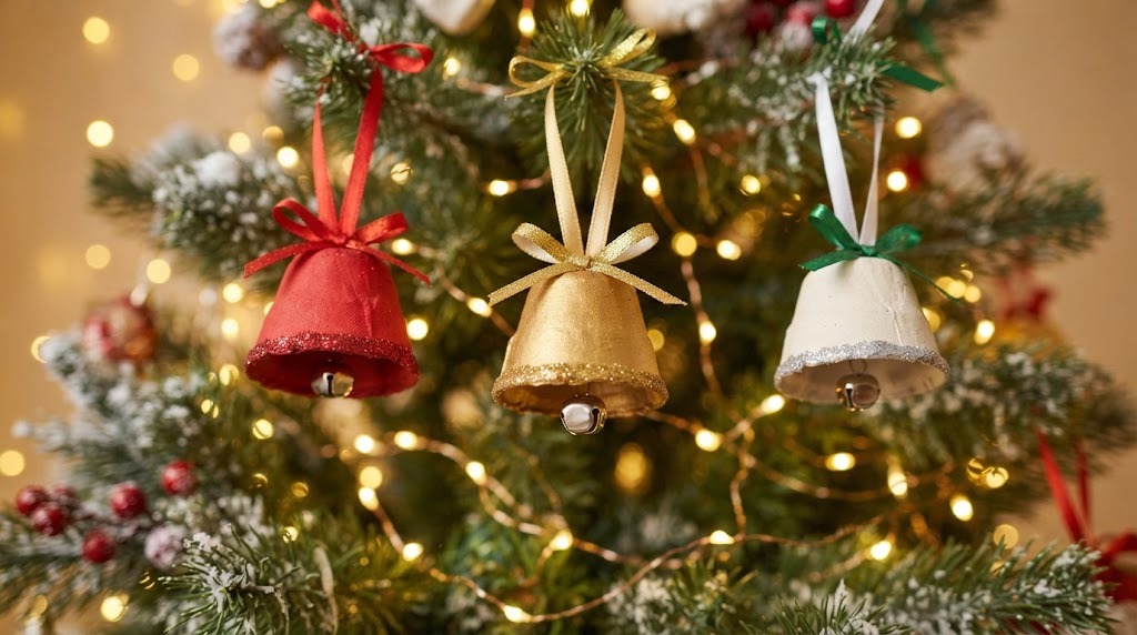 Red, gold and cream bell ornaments made from single cardboard cups on a lit tree