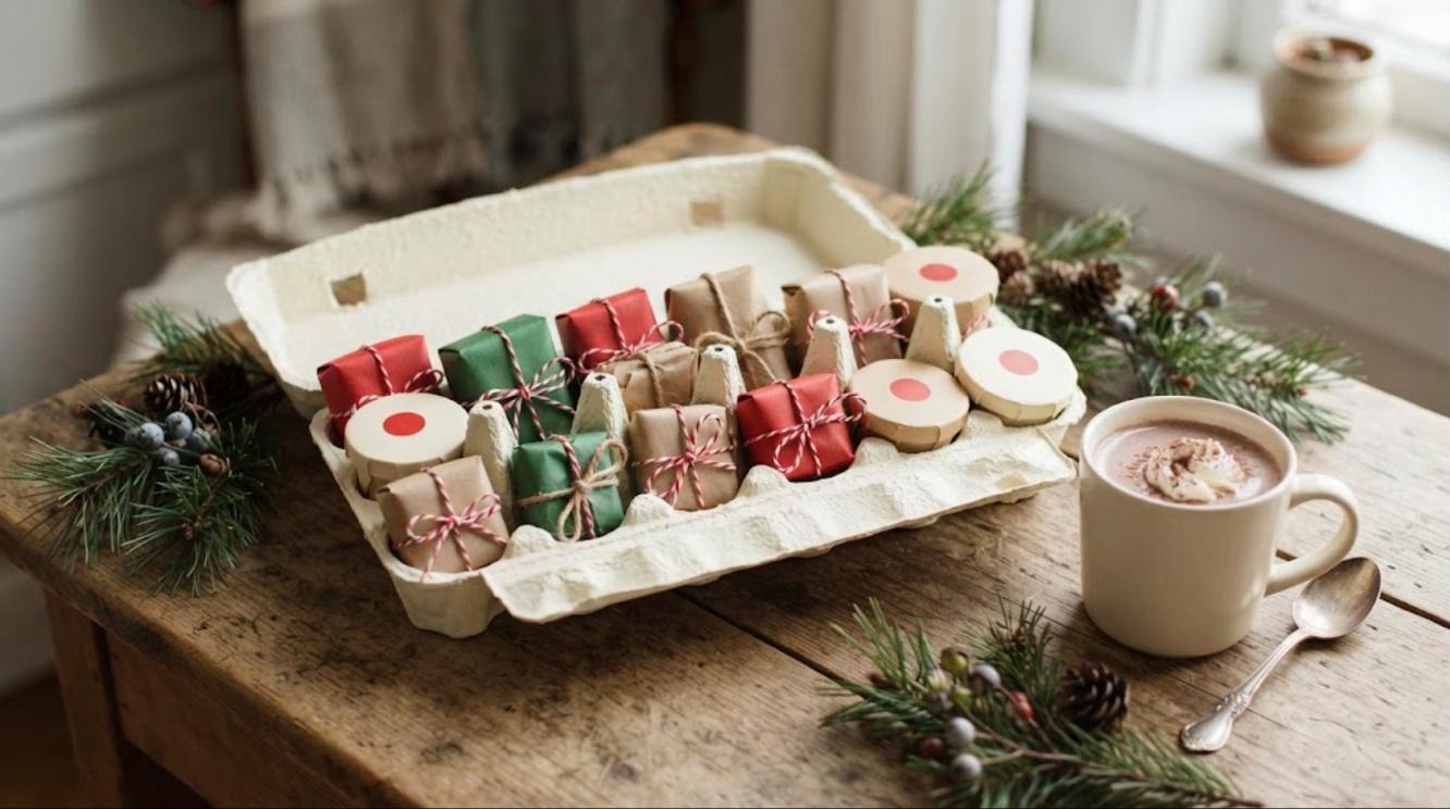 Egg carton advent calendar tray holding tiny wrapped treats in red, green and kraft paper