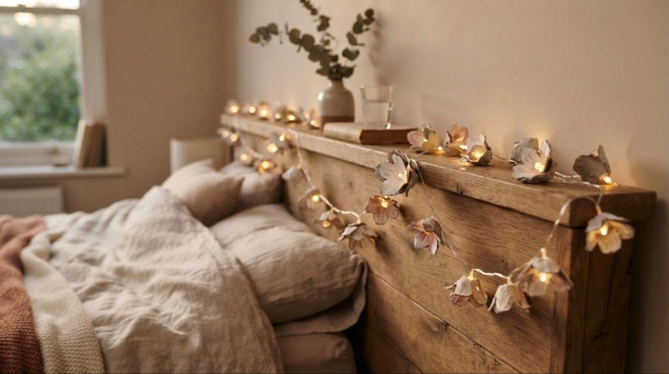 Battery LED fairy lights with egg carton flower covers along a wooden headboard