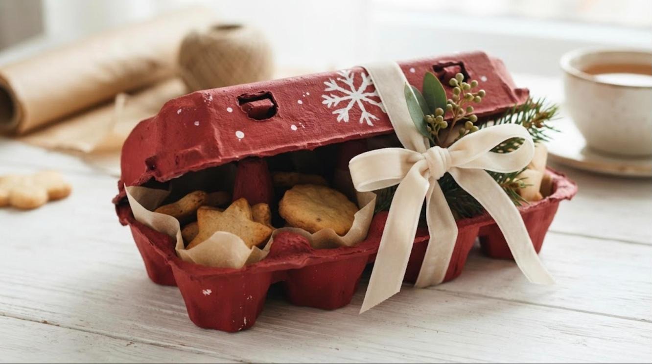 A red painted egg carton gift box with a snowflake lid and a cream velvet bow