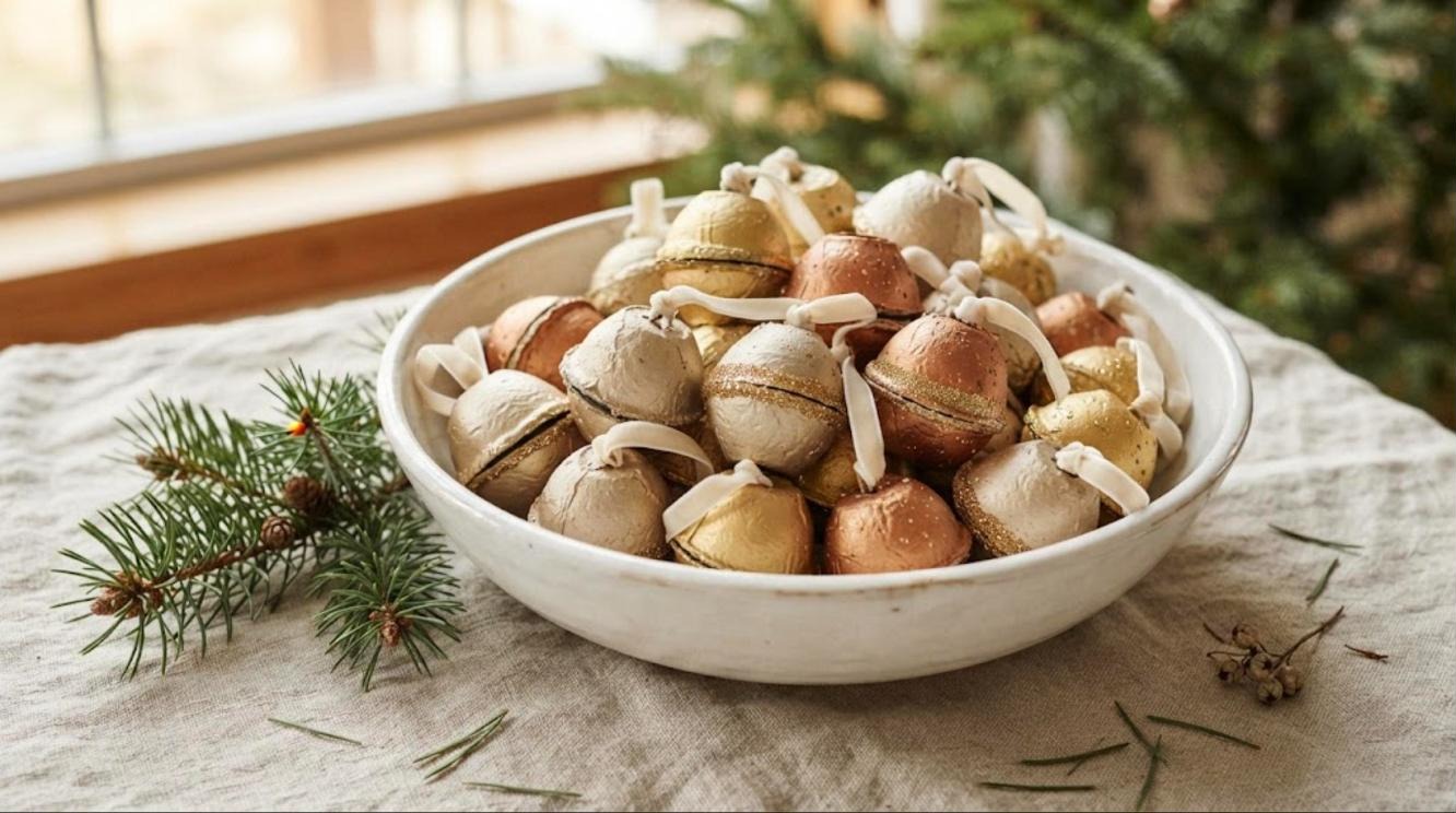 Gold, champagne and copper ornament balls made from egg carton cups in a white bowl
