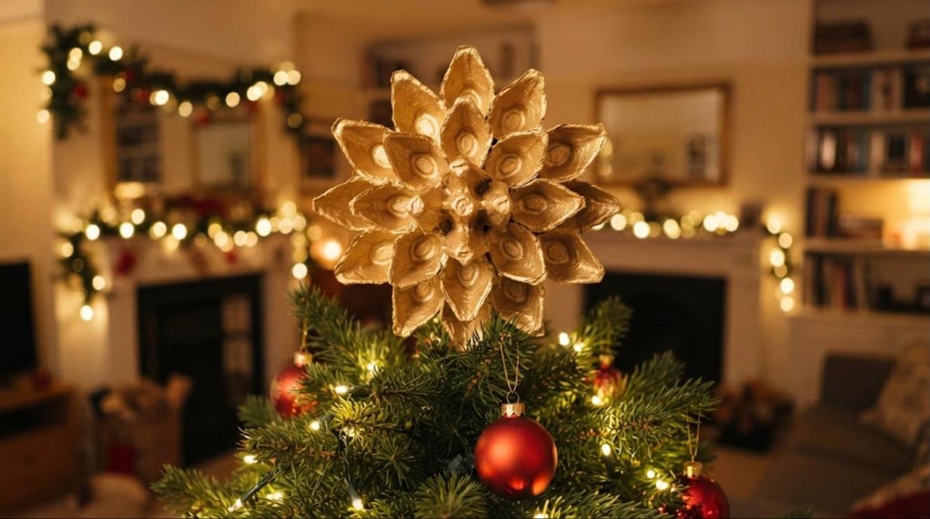 Gold starburst tree topper made from layered egg carton cups on a lit Christmas tree