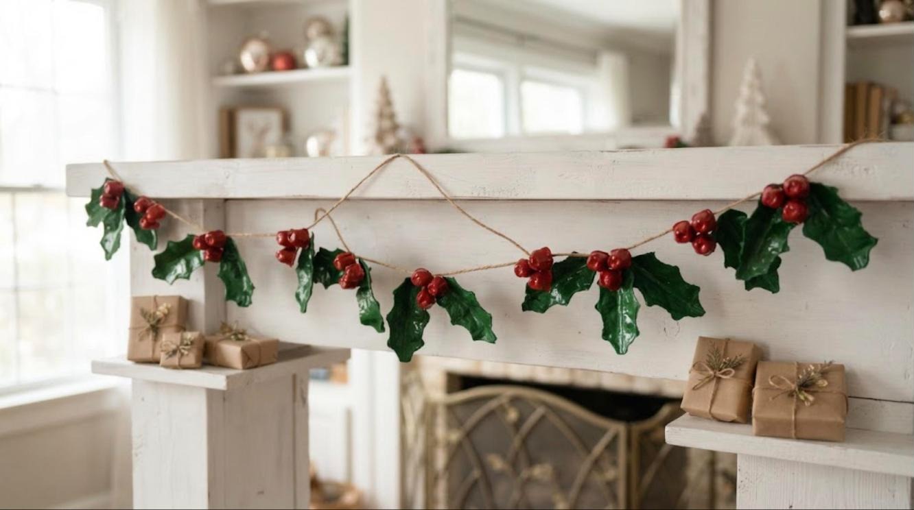 Egg carton Christmas crafts: a holly leaf and red berry garland draped on a white mantel