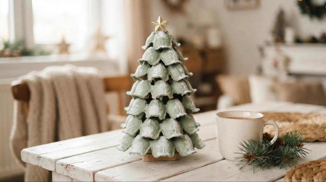Egg carton Christmas crafts: a sage green tabletop tree made from stacked egg carton cups with a gold star