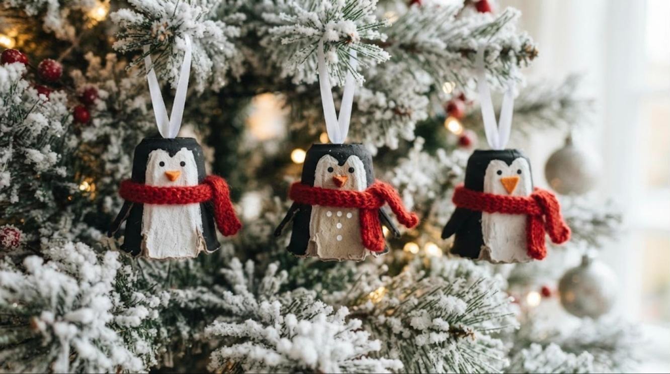 Egg carton Christmas crafts: three penguin ornaments with red knit scarves on a flocked tree