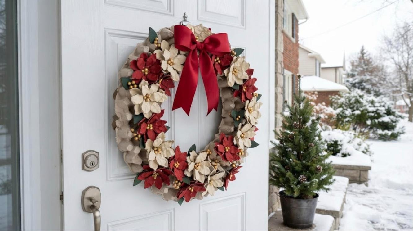 Egg carton Christmas crafts poinsettia wreath in cream and red on a white front door