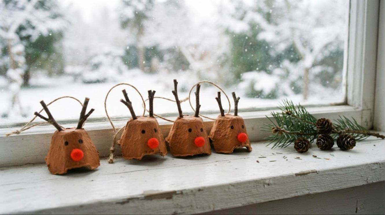 Reindeer face ornaments made from egg carton cups with twig antlers and red pom pom noses