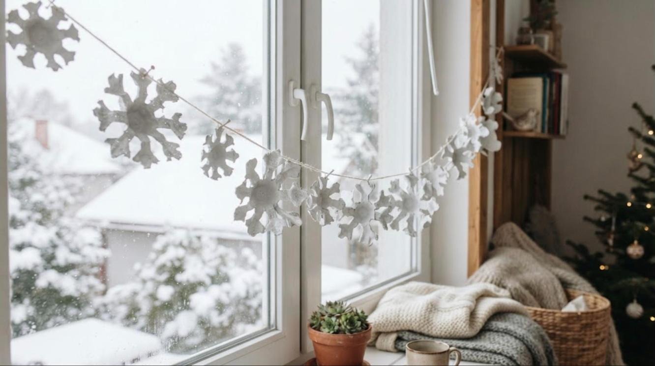 Egg carton Christmas crafts: a white snowflake garland cut from egg cartons draped across a snowy window