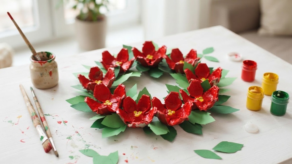 Red painted egg carton poinsettias with yellow centers and green paper leaves on a craft table
