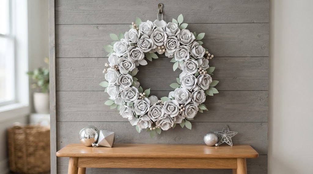 Egg carton Christmas crafts: a white rose wreath made from rolled egg carton cups on a gray wood wall