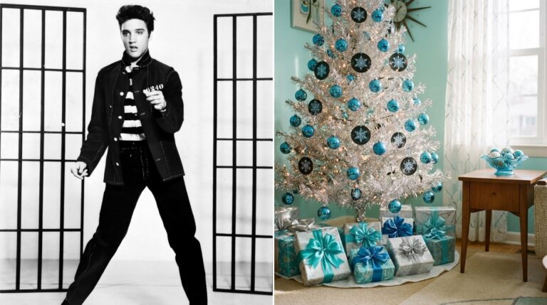 Elvis Presley Christmas cover: Elvis Presley in 1957 beside a retro silver tinsel tree with blue ornaments