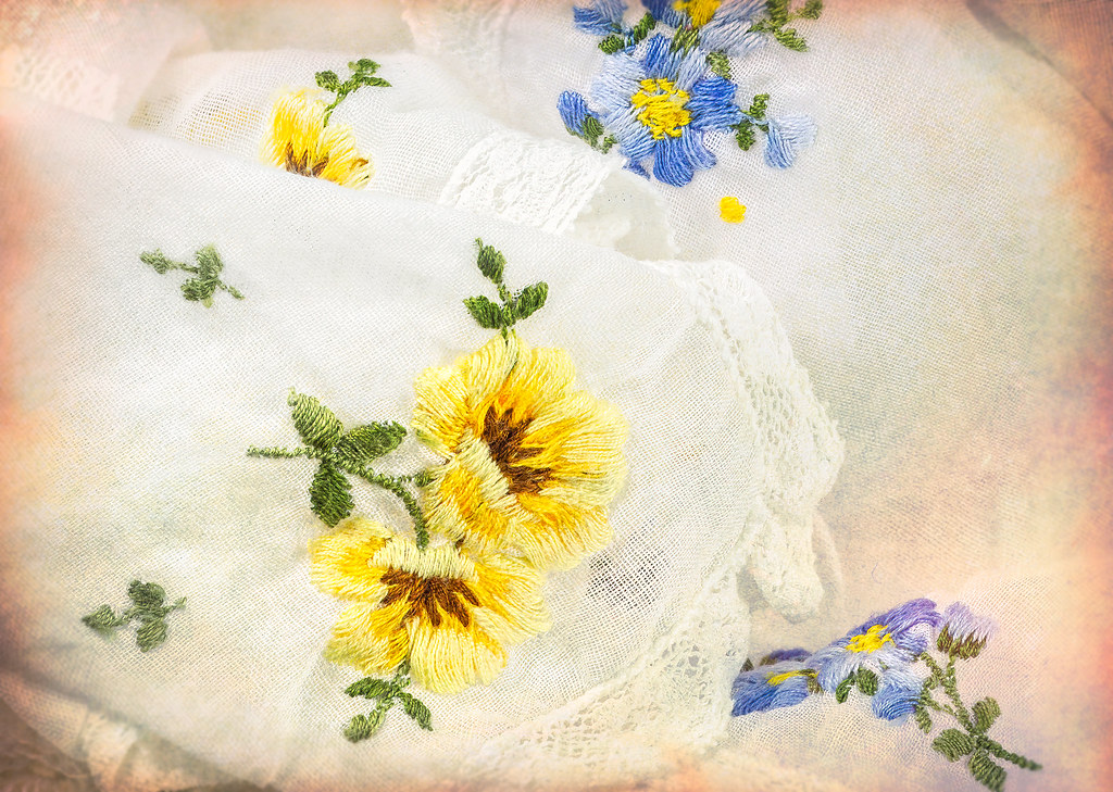 Hand embroidered handkerchief with yellow flowers