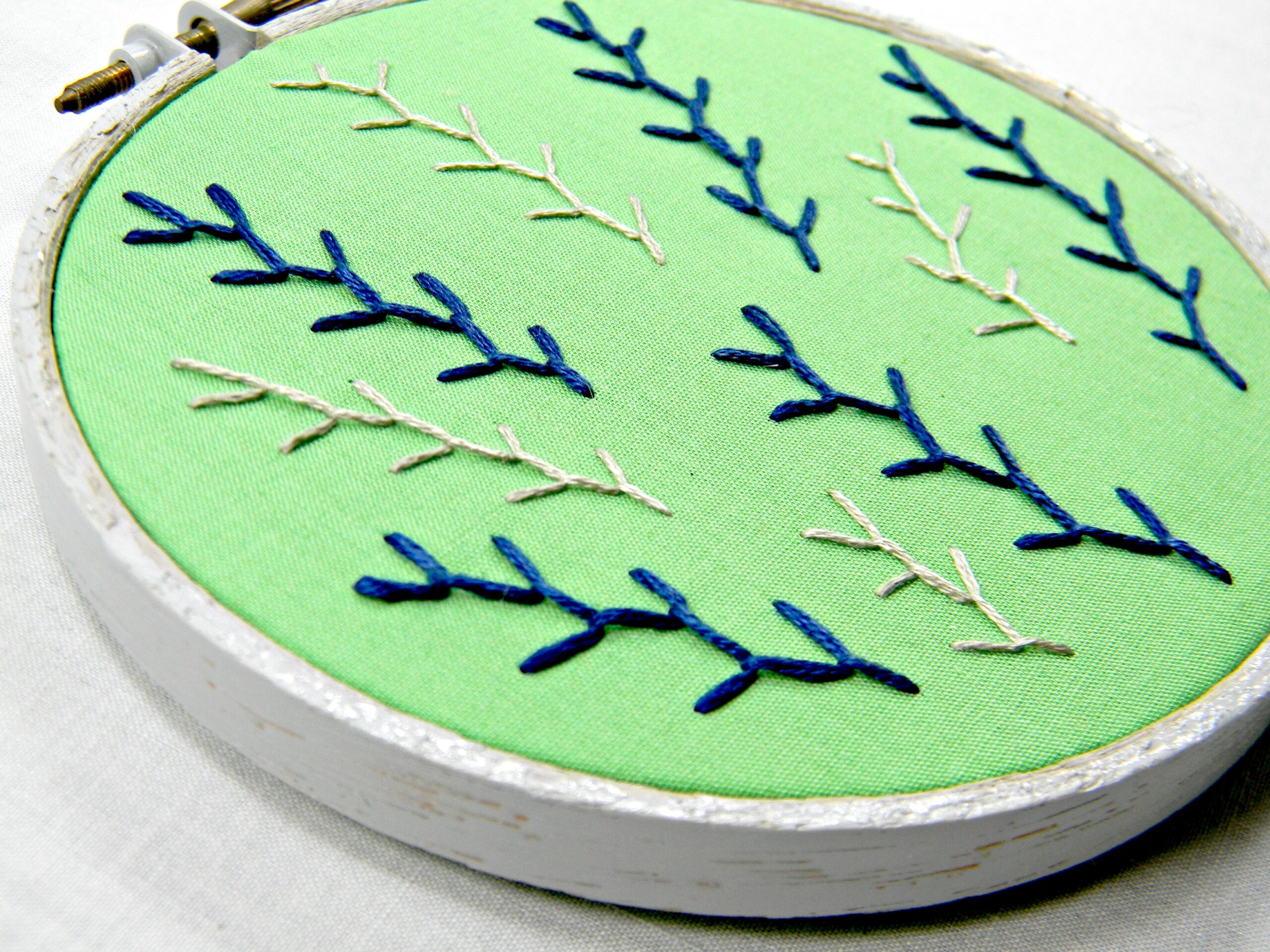 Green fabric in a wooden embroidery hoop stitched with blue and grey feather stitch branches