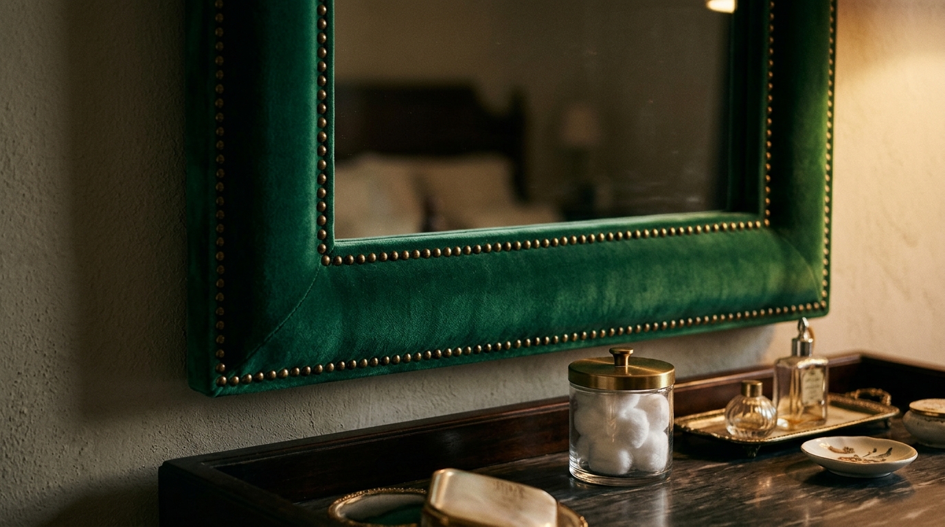 Mirror with a padded emerald green velvet frame and brass nail heads above a vanity