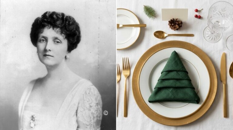 Emily Post Christmas table idea: Emily Post portrait beside a classic gold and green Christmas place setting