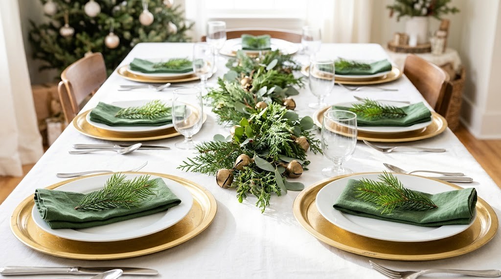 Emily Post Christmas table with gold chargers made from thrifted trays