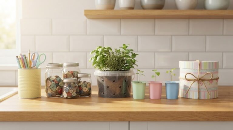 Empty Food Containers reused as painted cans, jars, planters and seed starters on a sunny kitchen counter