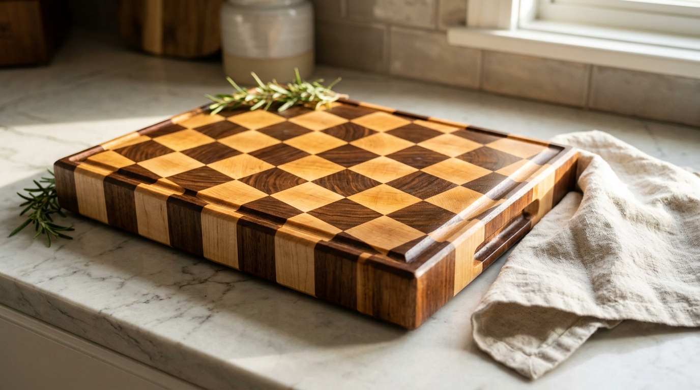 Nick Offerman woodshop style end grain cutting board in maple and walnut