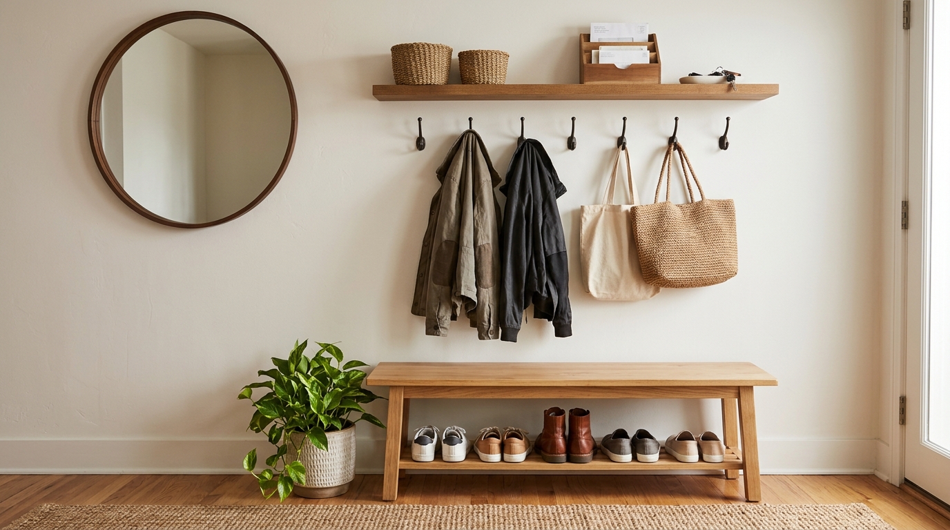 Brilliant organizing ideas: entryway drop zone with hooks, a shelf of baskets and a shoe bench