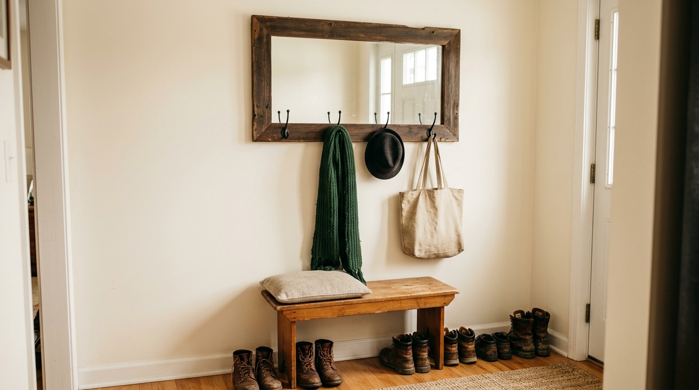 Rustic wood framed mirror with black iron hooks holding a scarf, hat and tote in an entryway