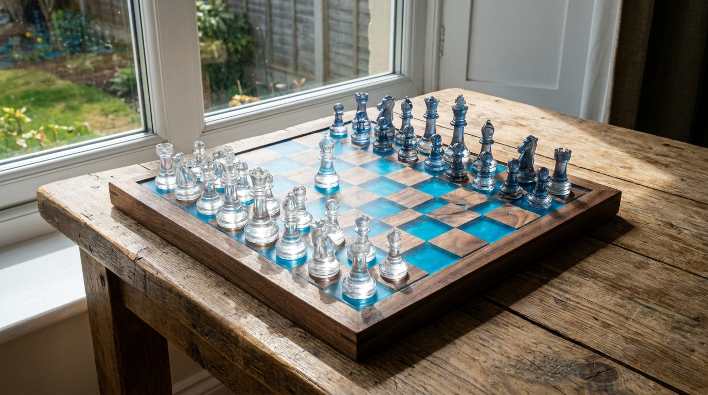 Epoxy resin creations: walnut and blue resin chess board with clear and smoky blue resin pieces